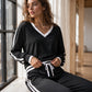 ✨ Chic Comfort 🤎 Dames V-Hals Pullover & Wijde Pijpen Broek Set – Zacht, Elegant & Comfortabel