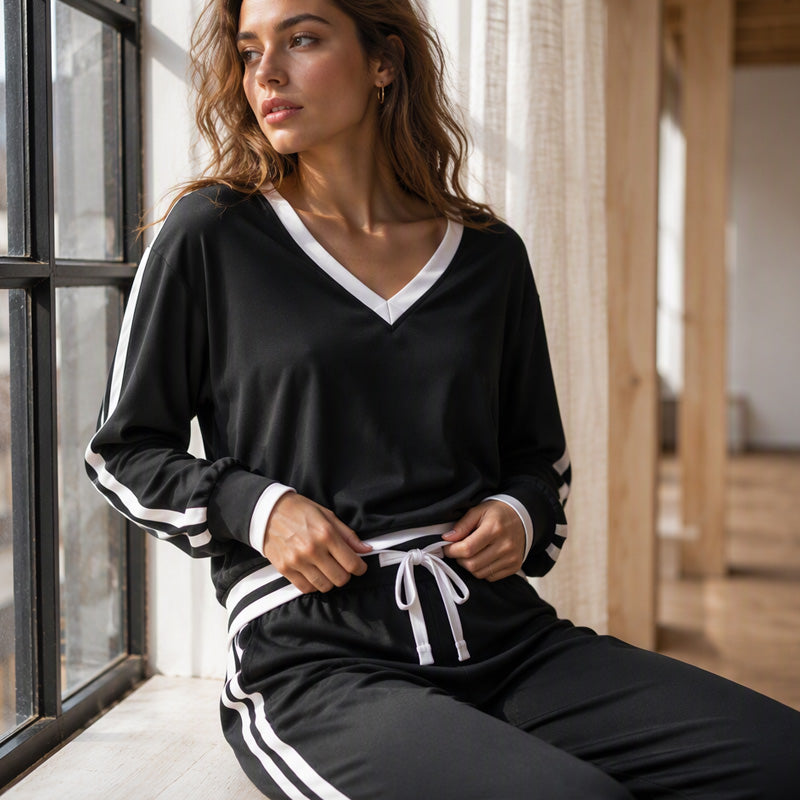 ✨ Chic Comfort 🤎 Dames V-Hals Pullover & Wijde Pijpen Broek Set – Zacht, Elegant & Comfortabel