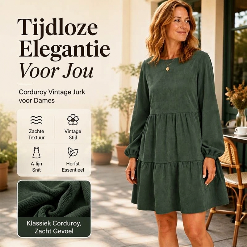 🍂 Vintage Chic ✨ Dames Ribfluwelen Jurk met Lange Mouwen – Zacht, Elegant & Tijdloze Herfststijl