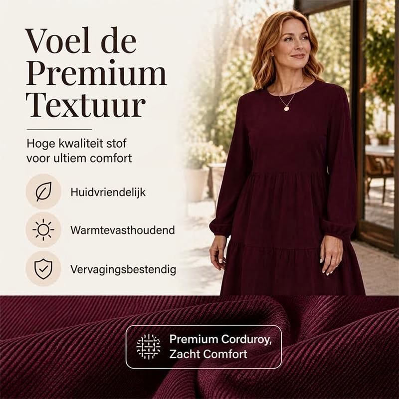 🍂 Vintage Chic ✨ Dames Ribfluwelen Jurk met Lange Mouwen – Zacht, Elegant & Tijdloze Herfststijl