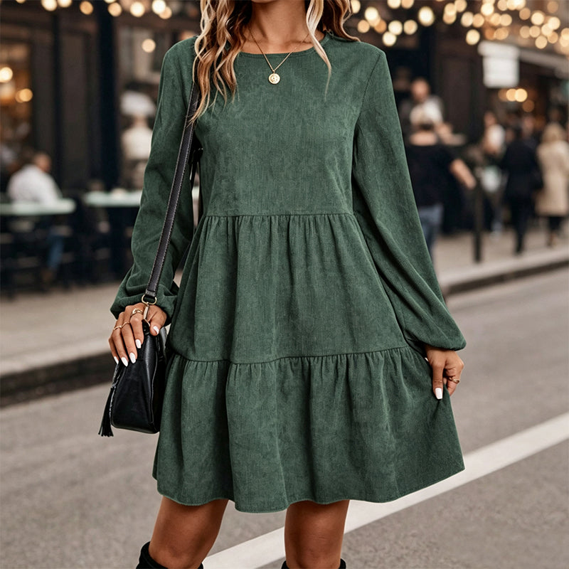 🍂 Vintage Chic ✨ Dames Ribfluwelen Jurk met Lange Mouwen – Zacht, Elegant & Tijdloze Herfststijl