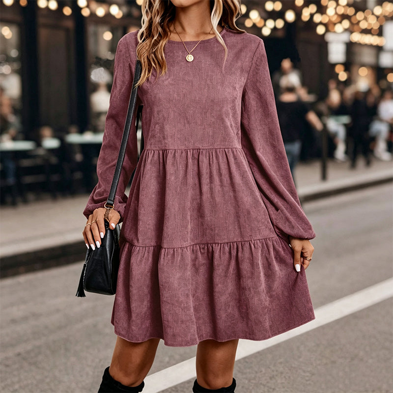🍂 Vintage Chic ✨ Dames Ribfluwelen Jurk met Lange Mouwen – Zacht, Elegant & Tijdloze Herfststijl