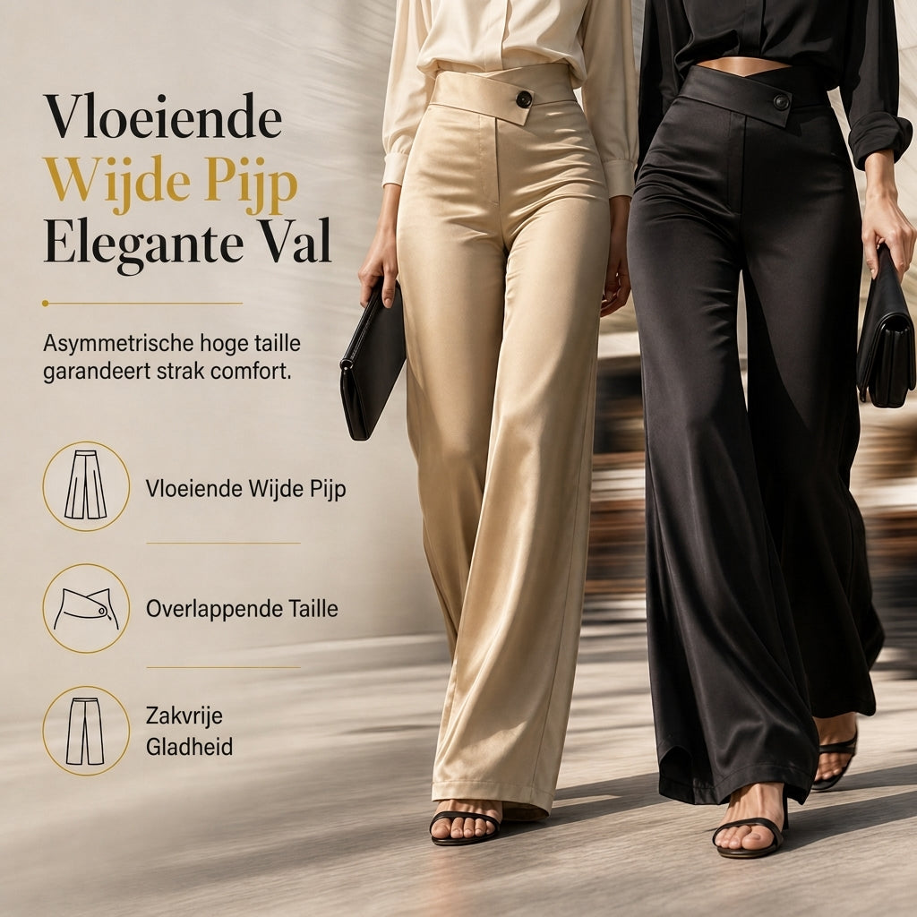✨ Nieuwe Collectie – Speciale Prijs! - Elegante satijnen hooggetailleerde wijde pijpen broek met asymmetrische taille ✨ luxe glans, slank silhouet, modieuze asymmetrische taille