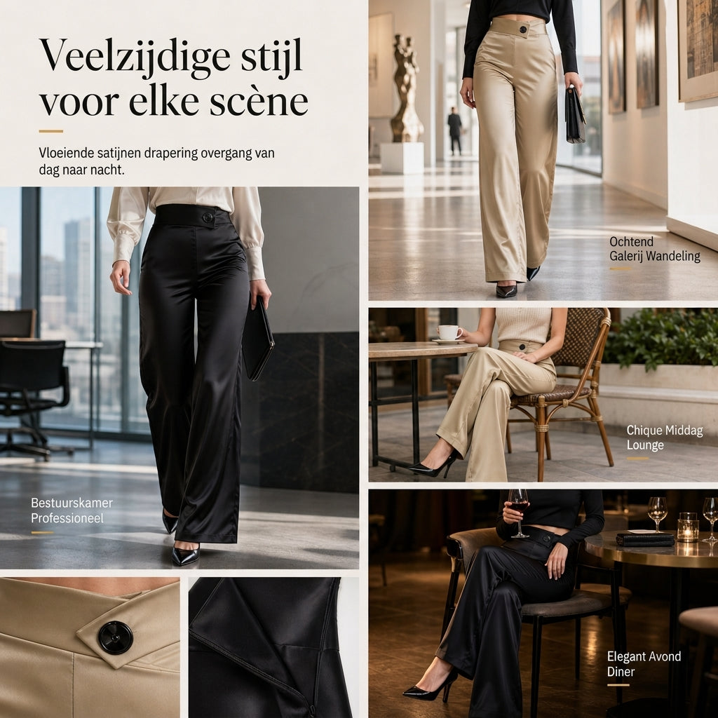 ✨ Nieuwe Collectie – Speciale Prijs! - Elegante satijnen hooggetailleerde wijde pijpen broek met asymmetrische taille ✨ luxe glans, slank silhouet, modieuze asymmetrische taille