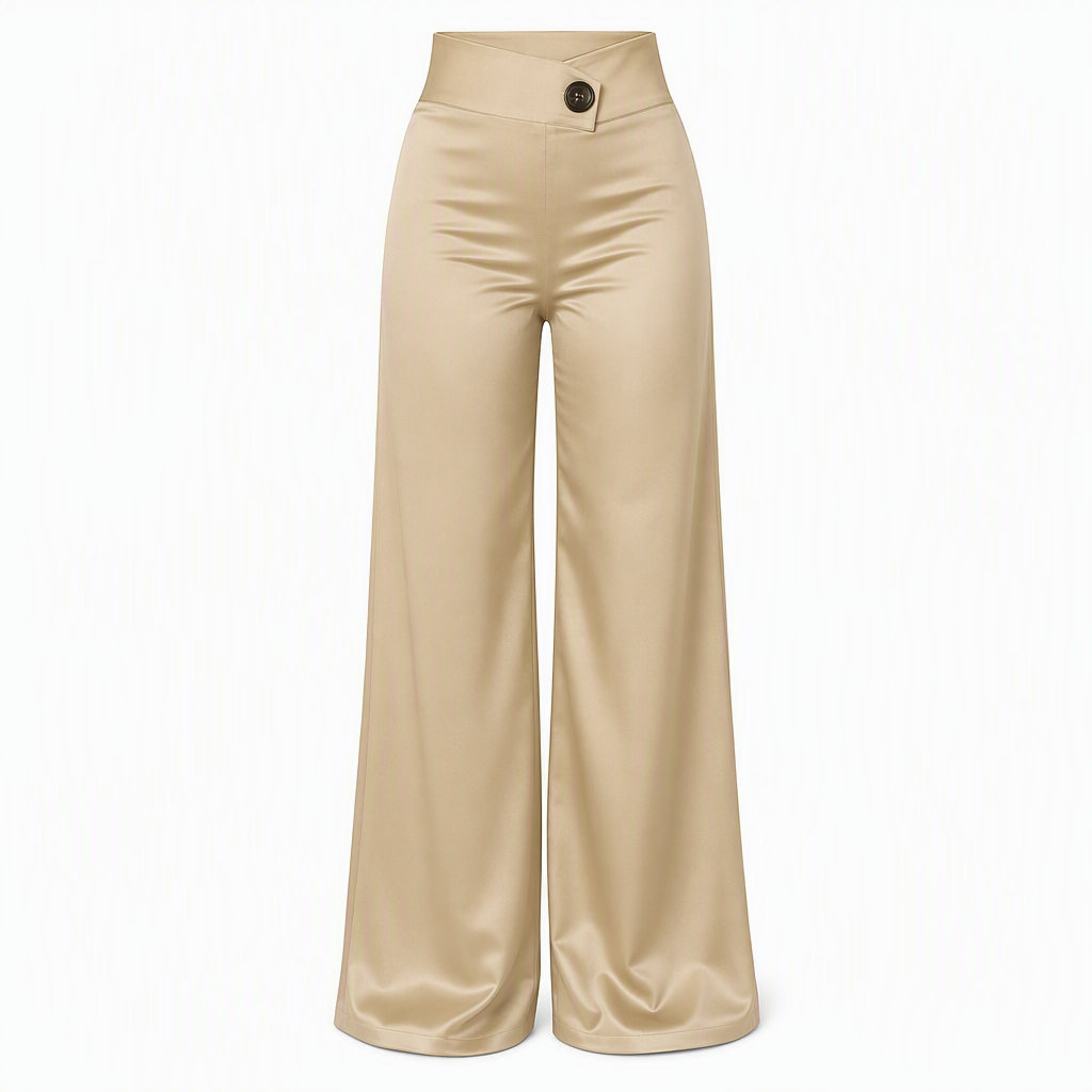 ✨ Nieuwe Collectie – Speciale Prijs! - Elegante satijnen hooggetailleerde wijde pijpen broek met asymmetrische taille ✨ luxe glans, slank silhouet, modieuze asymmetrische taille