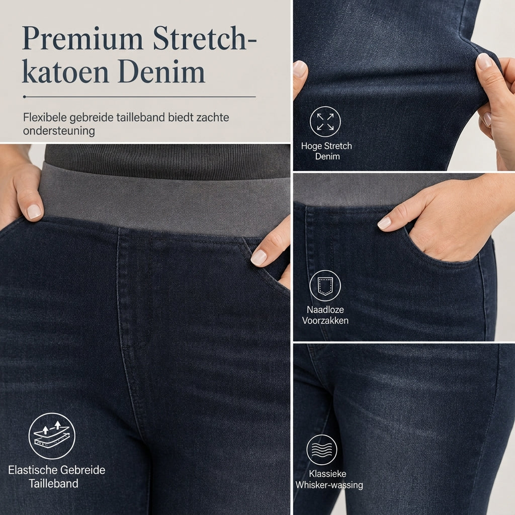 Dames high-waist pull-on slim fit donkerblauwe denim jeans met brede elastische tailleband