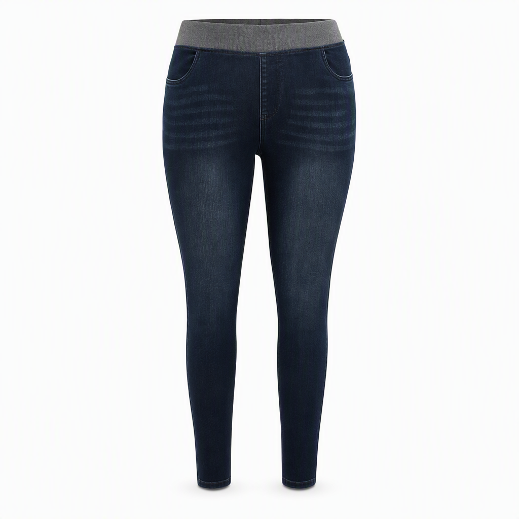 Dames high-waist pull-on slim fit donkerblauwe denim jeans met brede elastische tailleband