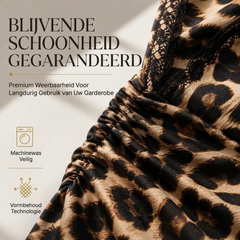 Damesjurk van kant met luipaardprint, V-hals, lanternmouwen en middelbare lengte