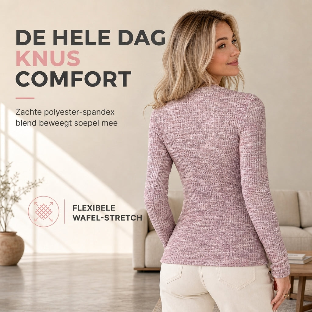 ✨ Nieuwe Look 💫 Dames Gebreid Topje met Lange Mouwen V‑hals en Halve Rits – Trendy Zacht & Stijlvol