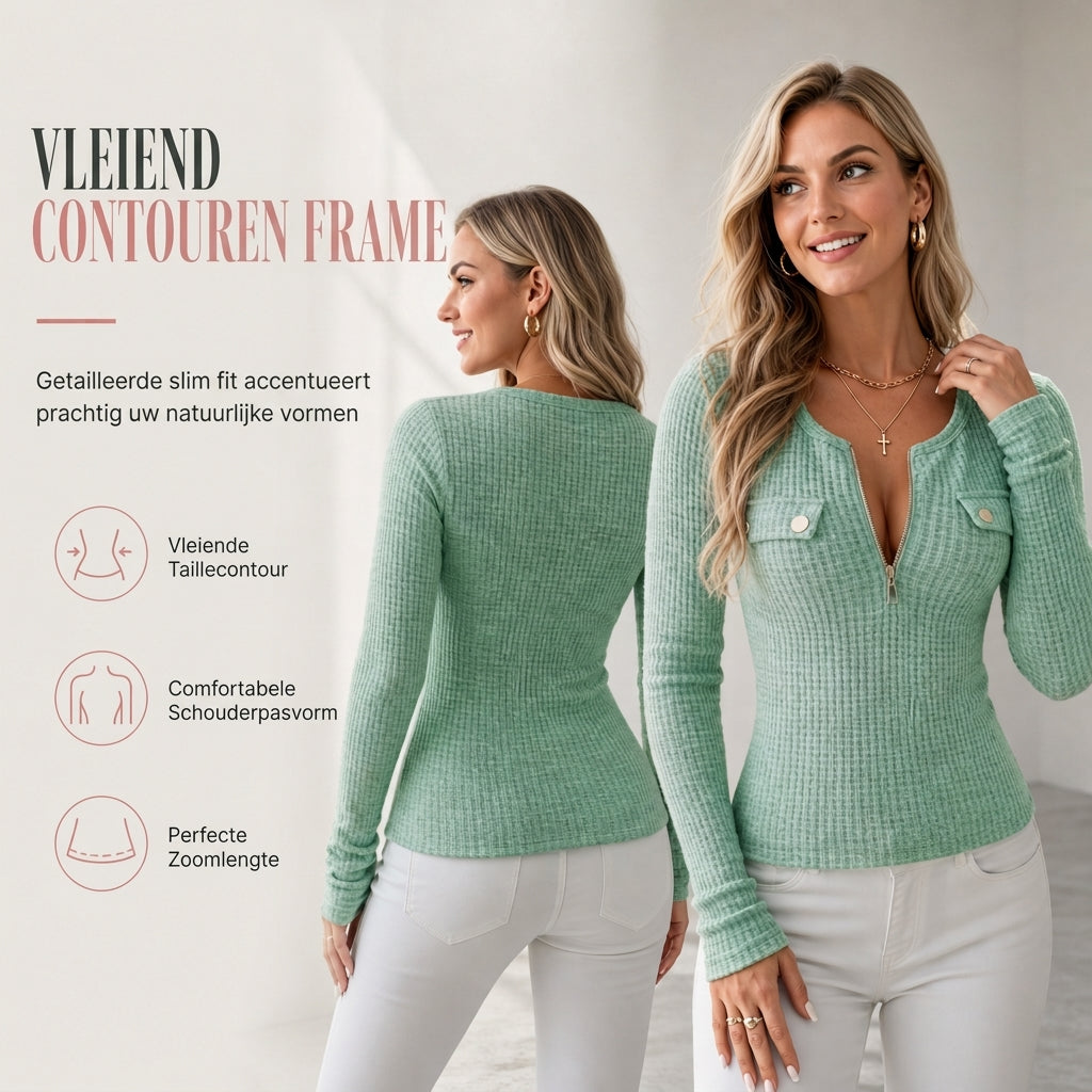 ✨ Nieuwe Look 💫 Dames Gebreid Topje met Lange Mouwen V‑hals en Halve Rits – Trendy Zacht & Stijlvol