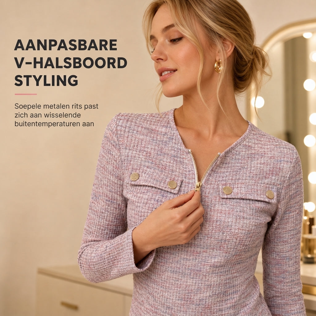 ✨ Nieuwe Look 💫 Dames Gebreid Topje met Lange Mouwen V‑hals en Halve Rits – Trendy Zacht & Stijlvol