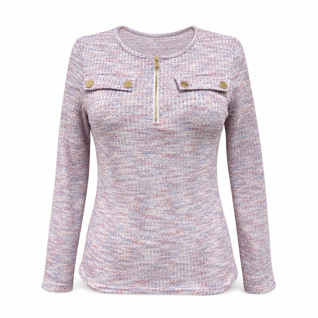 ✨ Nieuwe Look 💫 Dames Gebreid Topje met Lange Mouwen V‑hals en Halve Rits – Trendy Zacht & Stijlvol