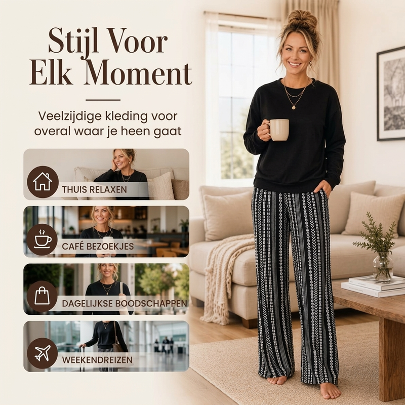 🔥Gratis verzending✈️Vrouwen Casual Set: Ronde Hals Top & Bedrukte Broek – Relaxed Kleurrijk en Complete Outfit