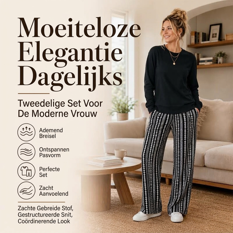 🔥Gratis verzending✈️Vrouwen Casual Set: Ronde Hals Top & Bedrukte Broek – Relaxed Kleurrijk en Complete Outfit