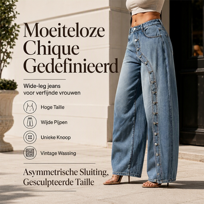 👖😍Dames Vintage Wijde Jeans met Knoppen aan de Zijkant
