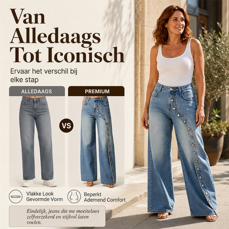 👖😍Dames Vintage Wijde Jeans met Knoppen aan de Zijkant