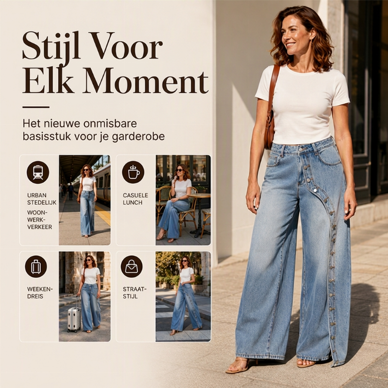 👖😍Dames Vintage Wijde Jeans met Knoppen aan de Zijkant