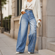 👖😍Dames Vintage Wijde Jeans met Knoppen aan de Zijkant