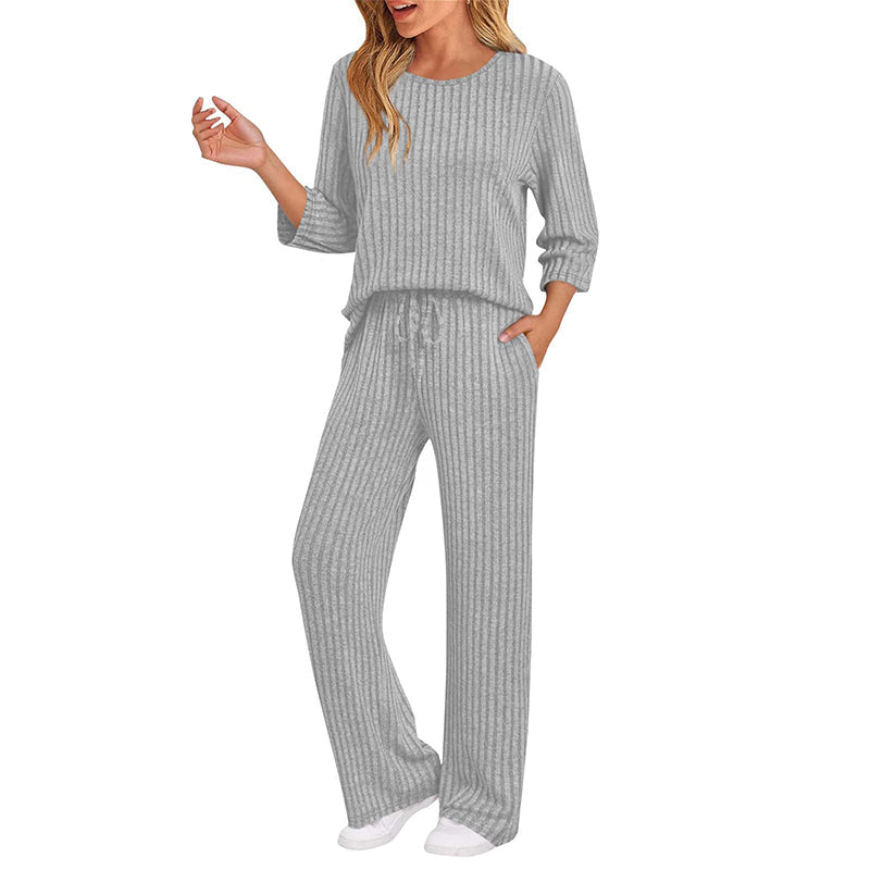 ✨ Elegante Comfort Set 🤍 Dames Geribbelde Gebreide Top & Rechte Broek – Stijlvol, Zacht & Perfecte Pasvorm