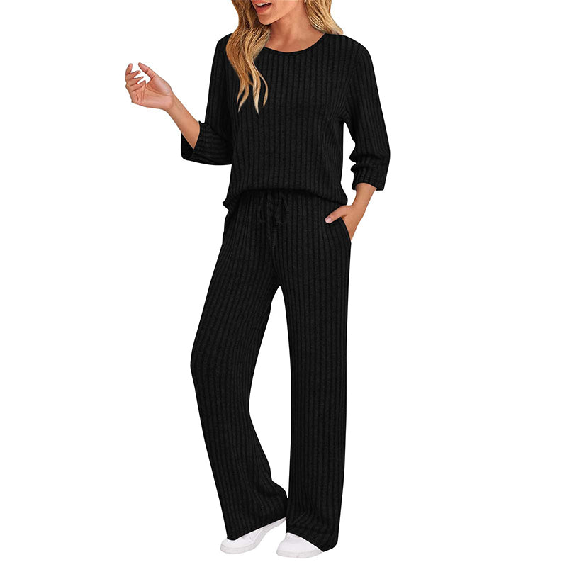 ✨ Elegante Comfort Set 🤍 Dames Geribbelde Gebreide Top & Rechte Broek – Stijlvol, Zacht & Perfecte Pasvorm
