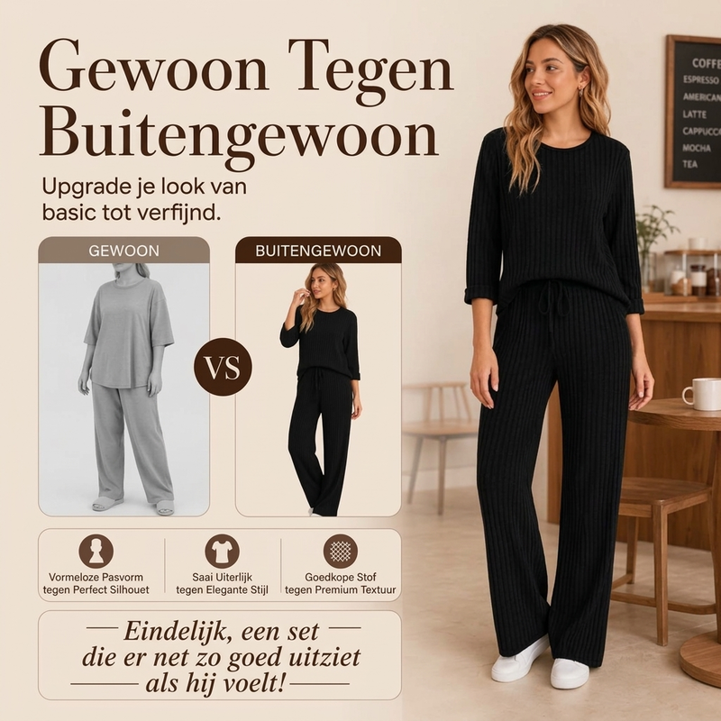 ✨ Elegante Comfort Set 🤍 Dames Geribbelde Gebreide Top & Rechte Broek – Stijlvol, Zacht & Perfecte Pasvorm