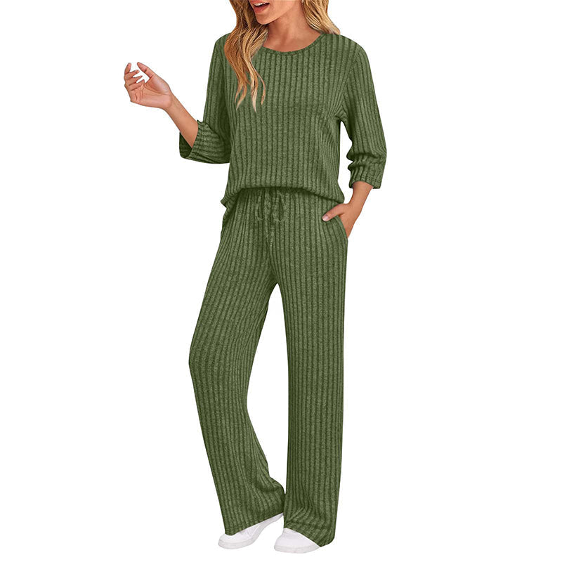 ✨ Elegante Comfort Set 🤍 Dames Geribbelde Gebreide Top & Rechte Broek – Stijlvol, Zacht & Perfecte Pasvorm
