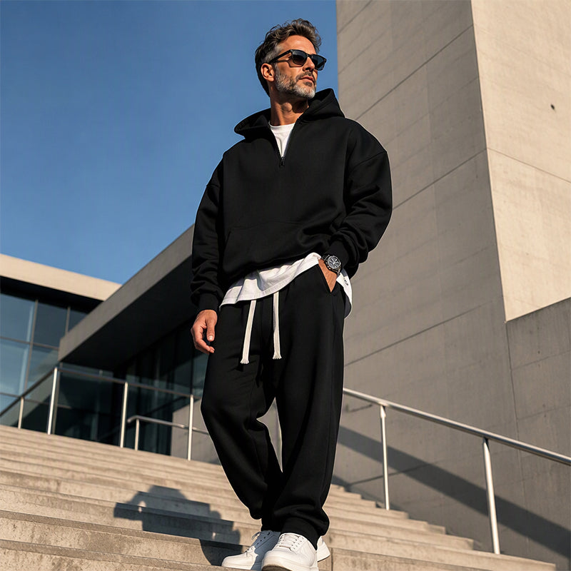 🔥Gratis verzending✈️ Heren Casual Half-Zip Hoodie & Wijde Broek Set – Comfortabele Streetwear Look voor Elke Dag