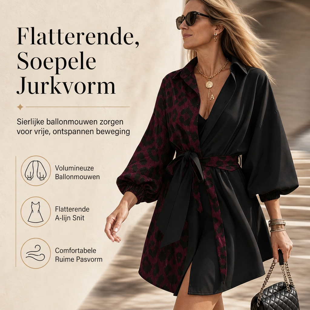 🐆 Nieuwe Collectie ✨ Dames Blouse-Mini Jurk – Luipaardprint met Contrast Patchwork, Lange Mouwen & Bijpassende Riem