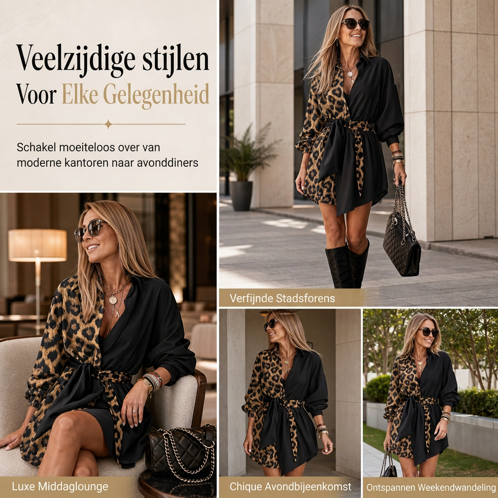🐆 Nieuwe Collectie ✨ Dames Blouse-Mini Jurk – Luipaardprint met Contrast Patchwork, Lange Mouwen & Bijpassende Riem