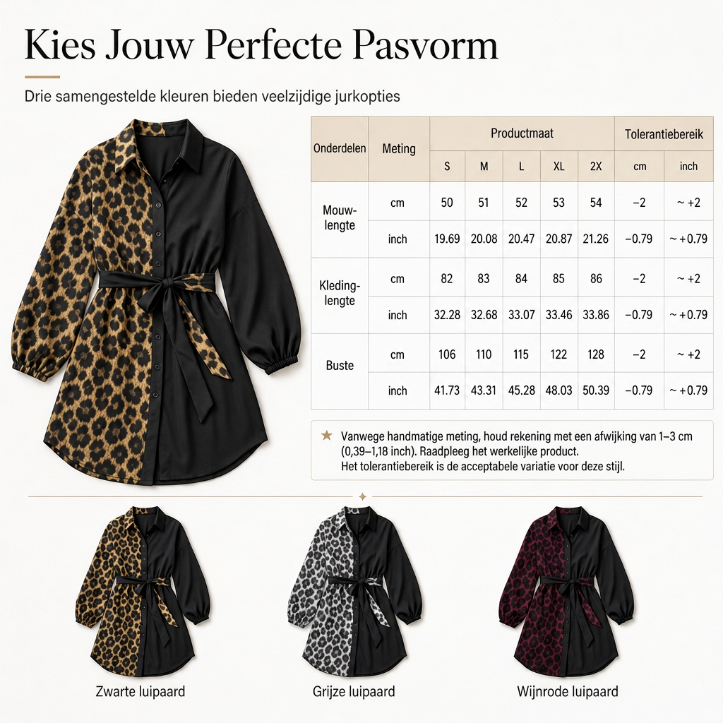 🐆 Nieuwe Collectie ✨ Dames Blouse-Mini Jurk – Luipaardprint met Contrast Patchwork, Lange Mouwen & Bijpassende Riem