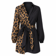 🐆 Nieuwe Collectie ✨ Dames Blouse-Mini Jurk – Luipaardprint met Contrast Patchwork, Lange Mouwen & Bijpassende Riem