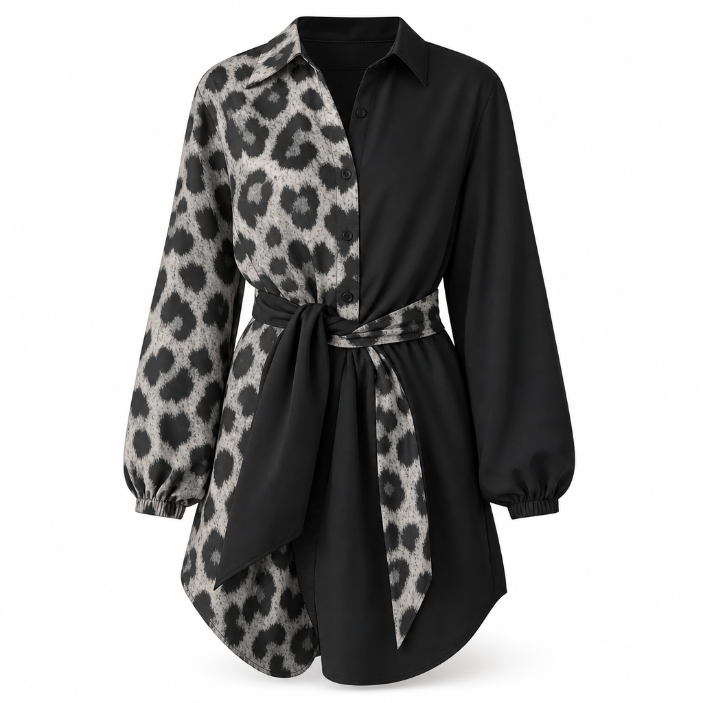 🐆 Nieuwe Collectie ✨ Dames Blouse-Mini Jurk – Luipaardprint met Contrast Patchwork, Lange Mouwen & Bijpassende Riem