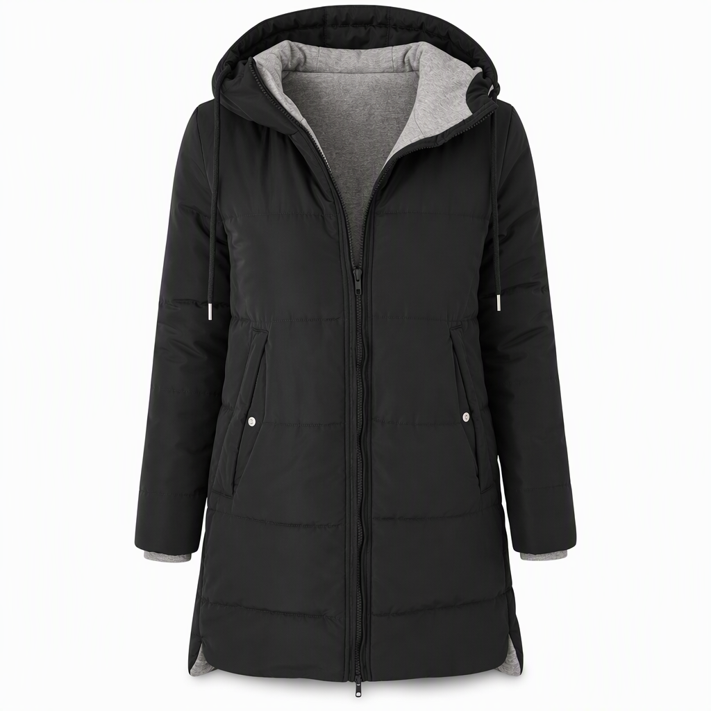 🔥Gratis verzending✈️Slim-fit lange gewatteerde jas met capuchon, effen kleur, met zakken voor de winter