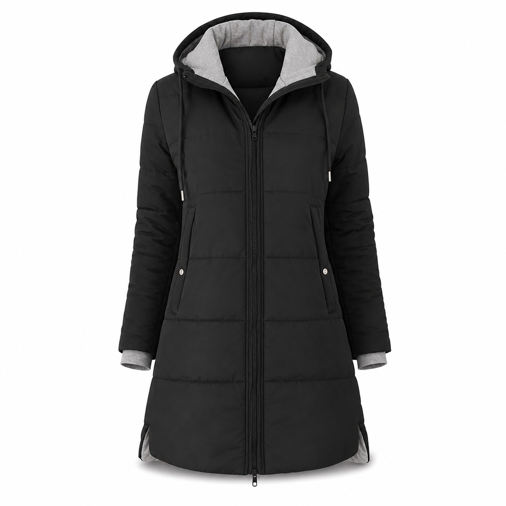 🔥Gratis verzending✈️Slim-fit lange gewatteerde jas met capuchon, effen kleur, met zakken voor de winter