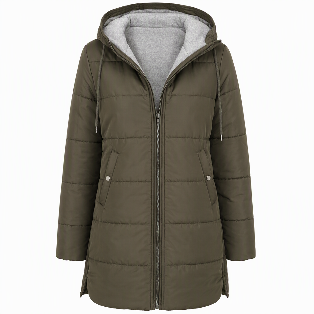 🔥Gratis verzending✈️Slim-fit lange gewatteerde jas met capuchon, effen kleur, met zakken voor de winter