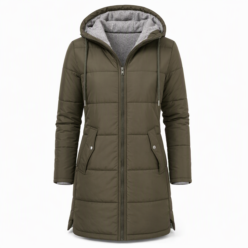 🔥Gratis verzending✈️Slim-fit lange gewatteerde jas met capuchon, effen kleur, met zakken voor de winter