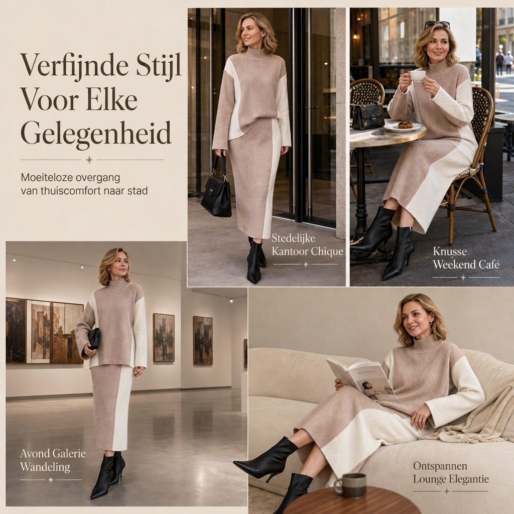 🔥Gratis verzending✈️Dames herfst/winter colour block gebreide 2-delige set – dikke pullover trui en bijpassende rok