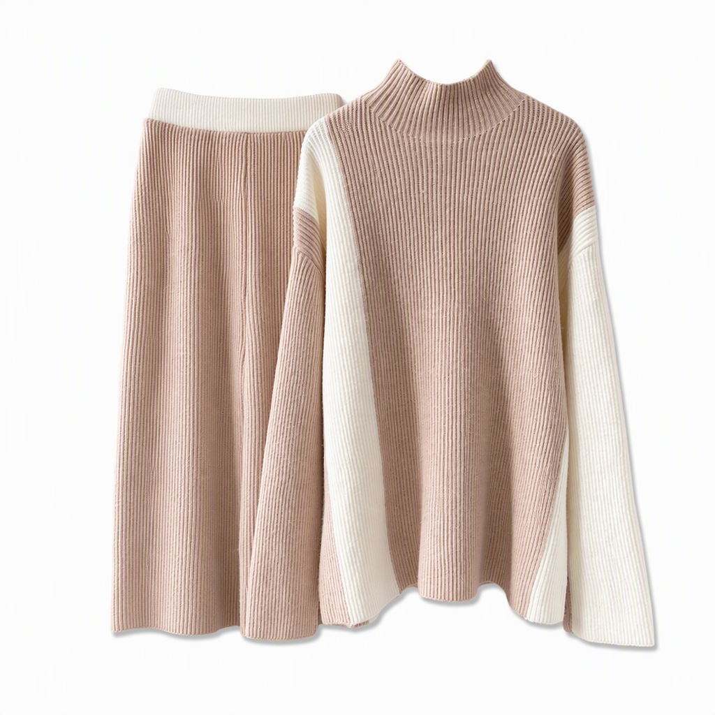 🔥Gratis verzending✈️Dames herfst/winter colour block gebreide 2-delige set – dikke pullover trui en bijpassende rok