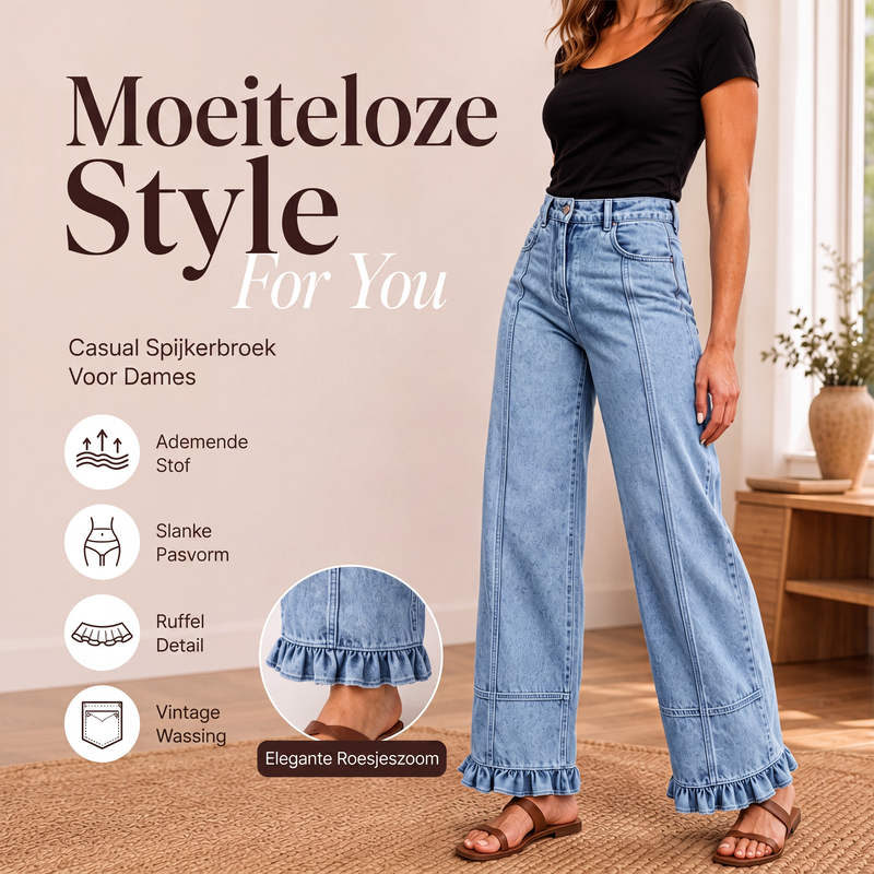 💎 Speciale Aanbieding ✨ Dames Jeans met Geplooide Zoom – Trendy Denim met Uniek Detail & Comfortabele Pasvorm