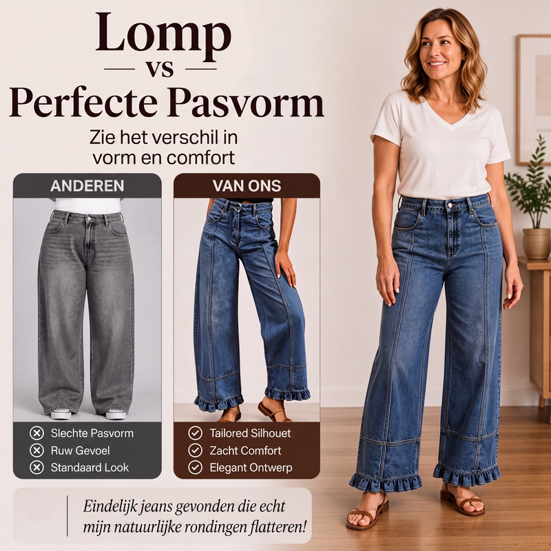 💎 Speciale Aanbieding ✨ Dames Jeans met Geplooide Zoom – Trendy Denim met Uniek Detail & Comfortabele Pasvorm