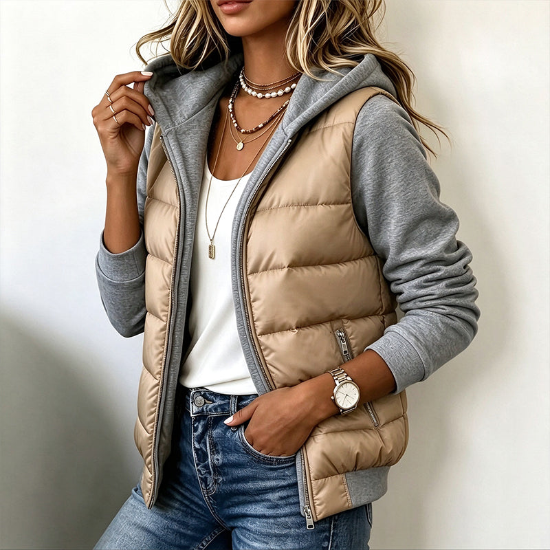 🔥Gratis verzending✈️Damesjas met capuchon, gewatteerd en met colourblock-design