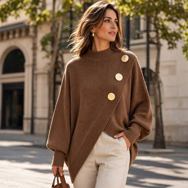 🔥Gratis verzending✈️Dames gebreide trui met asymmetrische onderrand en mock neck