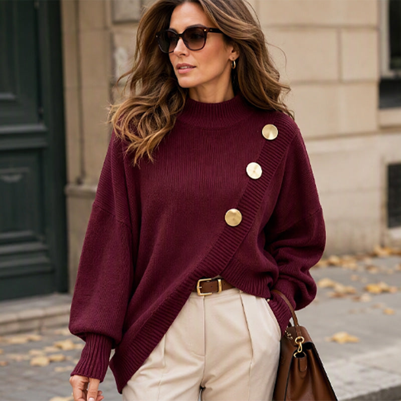 🔥Gratis verzending✈️Dames gebreide trui met asymmetrische onderrand en mock neck