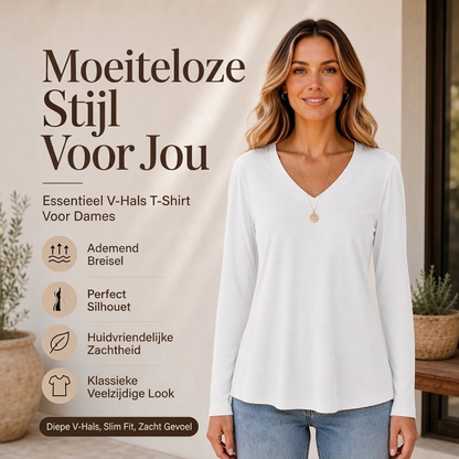 ✨ Nieuwe Collectie 💎 Casual Dames T-shirt met V-Hals en Lange Mouwen – Comfortabele Basic Top voor Elke Dag