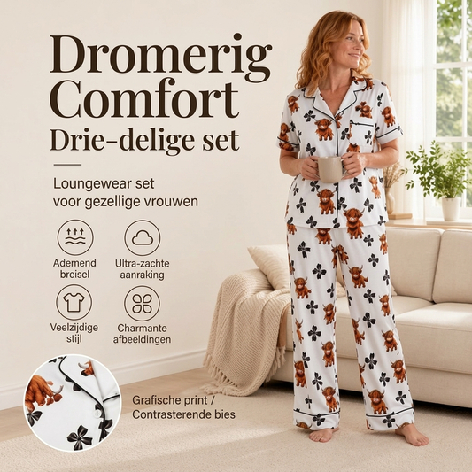 🔥Gratis verzending✈️Dames 3-Delige Pyjamaset met Hooglander Koe Print – Zachte Warme Nachtkleding voor Comfortabele Avonden