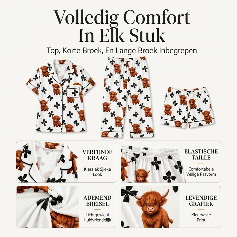 🔥Gratis verzending✈️Dames 3-Delige Pyjamaset met Hooglander Koe Print – Zachte Warme Nachtkleding voor Comfortabele Avonden