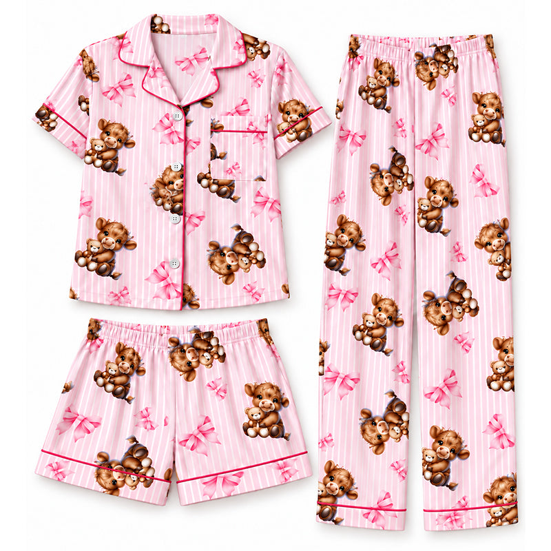 🔥Gratis verzending✈️Dames 3-Delige Pyjamaset met Hooglander Koe Print – Zachte Warme Nachtkleding voor Comfortabele Avonden