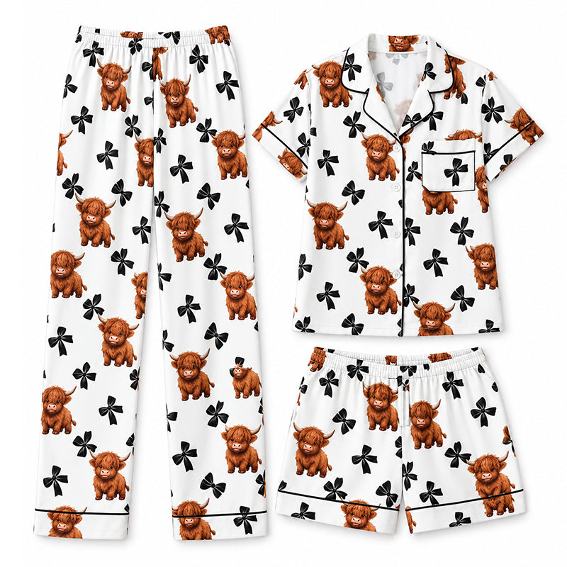 🔥Gratis verzending✈️Dames 3-Delige Pyjamaset met Hooglander Koe Print – Zachte Warme Nachtkleding voor Comfortabele Avonden