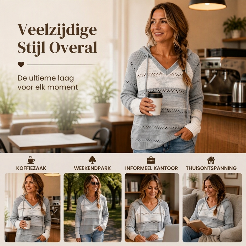😍Dames Geblokte Uitgesneden Gebreide Hoodie