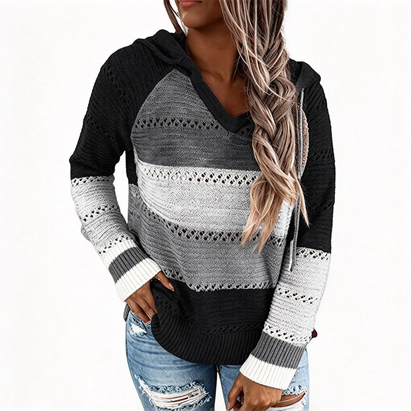 😍Dames Geblokte Uitgesneden Gebreide Hoodie